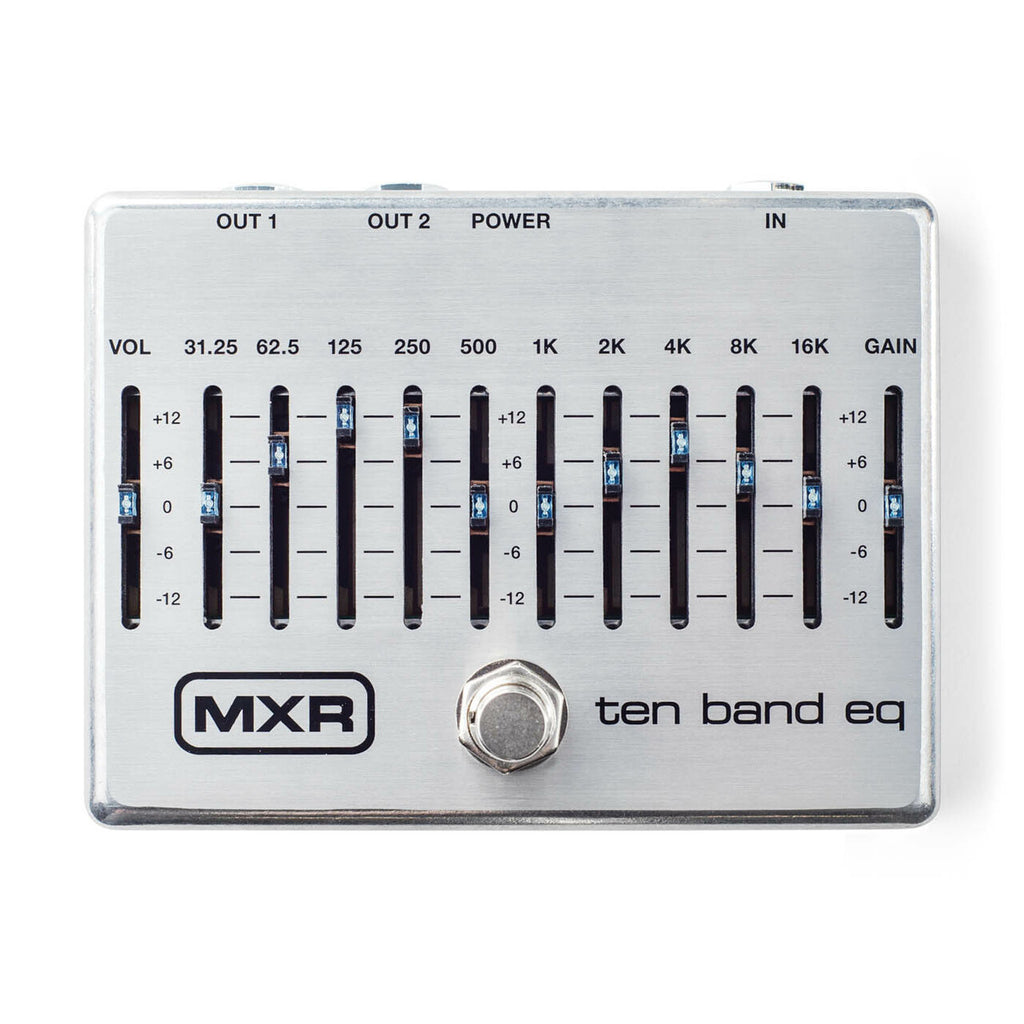 MXR M108S Ten Band Graphic EQ pedal — silver enclosure with ten sliders