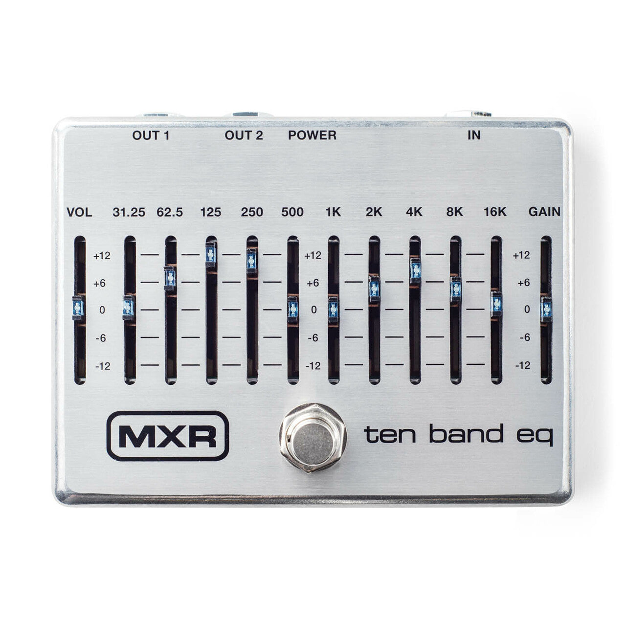 MXR M108S Ten Band Graphic EQ pedal — silver enclosure with ten sliders