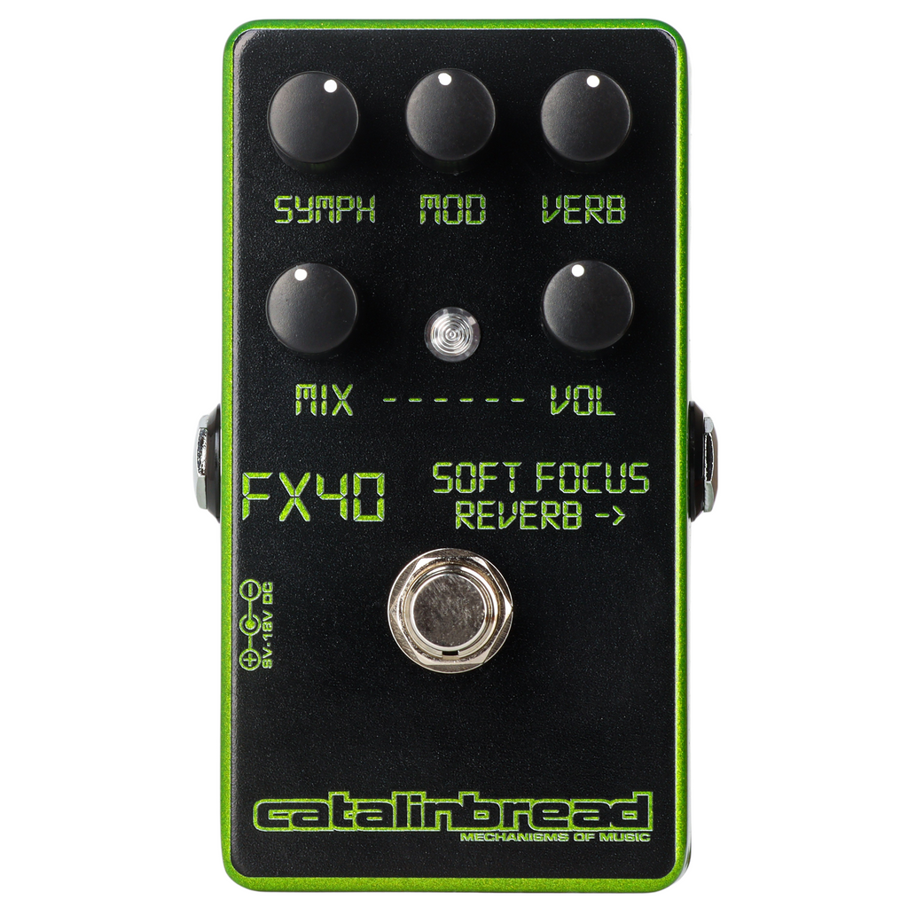 Catalinbread Soft Focus LCD Green reverb pedal — black enclosure with green border and graphics, top view