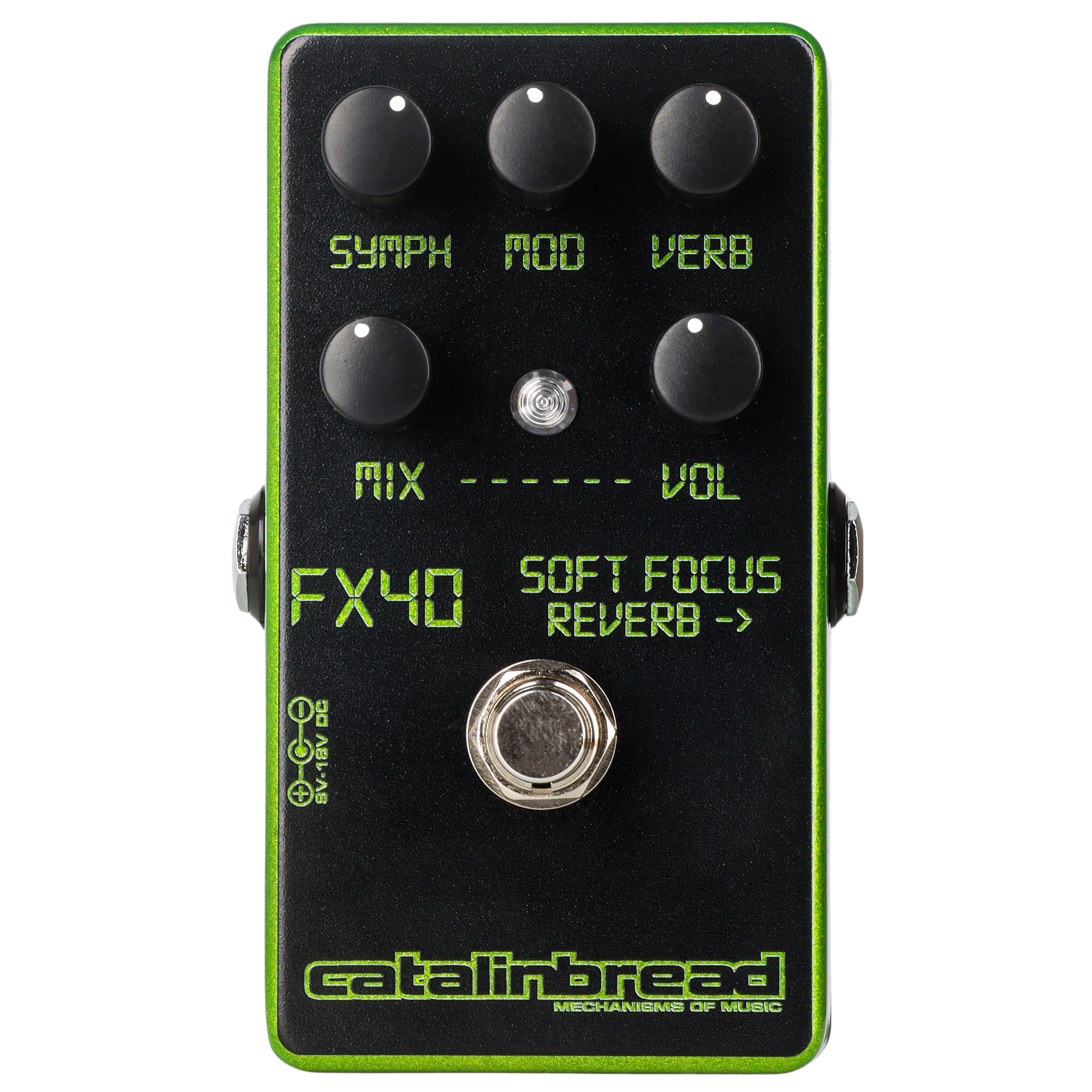 Catalinbread Soft Focus LCD Green reverb pedal — black enclosure with green border and graphics, top view