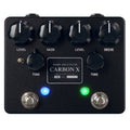 Browne Amplification Carbon X dual overdrive pedal, textured black finish, four black knobs marked Level, Gain, Level and Drive, two Tone knobs, a small toggle switch, and two footswitches with blue and green indicator LEDs