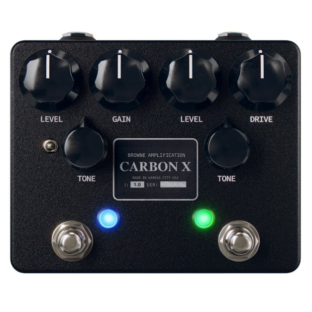 Browne Amplification Carbon X dual overdrive pedal, textured black finish, four black knobs marked Level, Gain, Level and Drive, two Tone knobs, a small toggle switch, and two footswitches with blue and green indicator LEDs