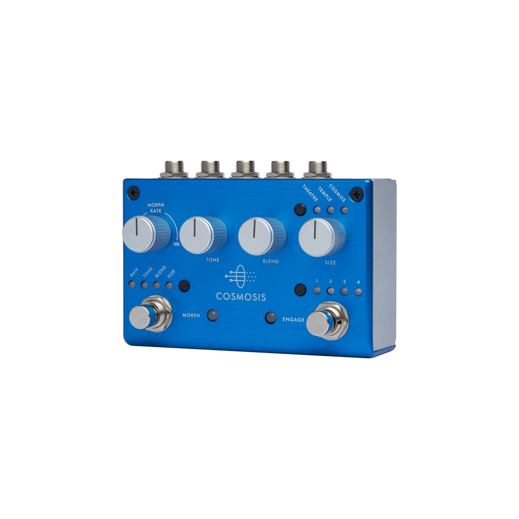 Pigtronix Cosmosis reverb pedal — angled side view of blue chassis