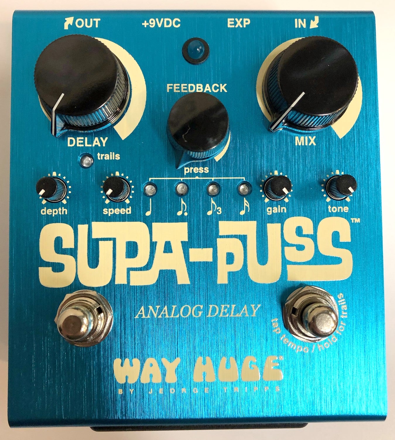 Way Huge WHE707 Supa-Puss analog delay pedal — used blue enclosure top view