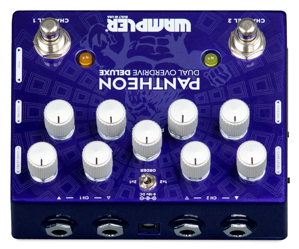 Wampler Dual Pantheon Deluxe overdrive pedal — footswitches close-up