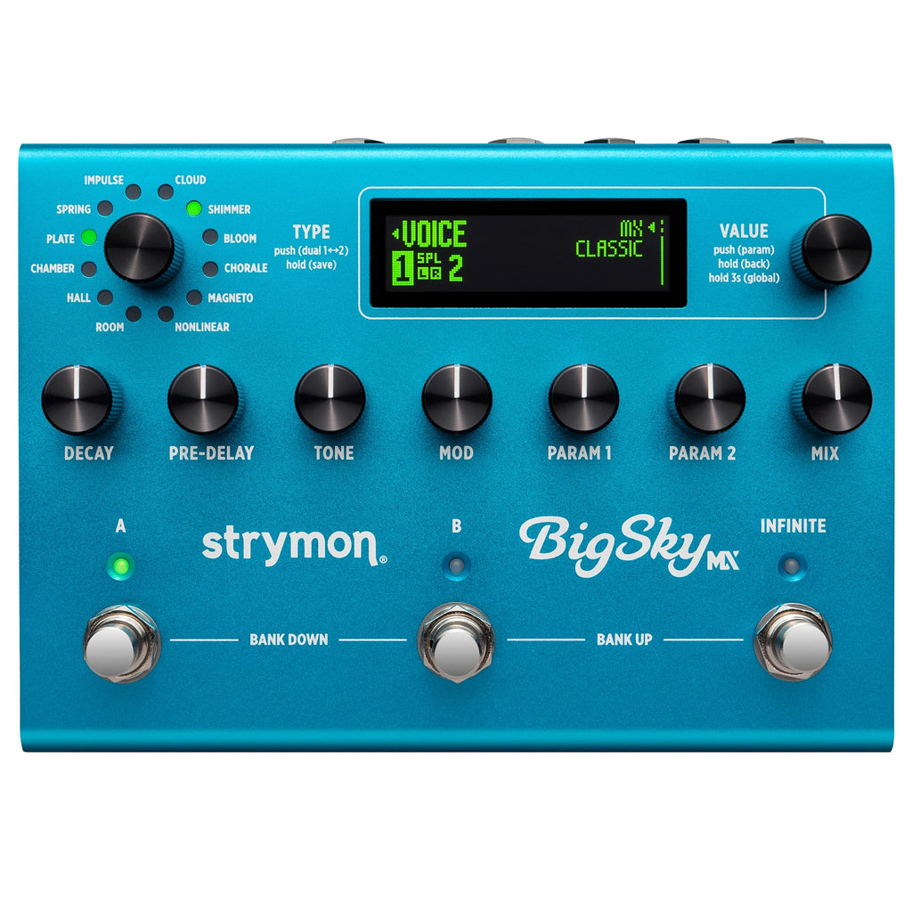 Strymon BigSky MX reverb pedal — blue top with OLED display