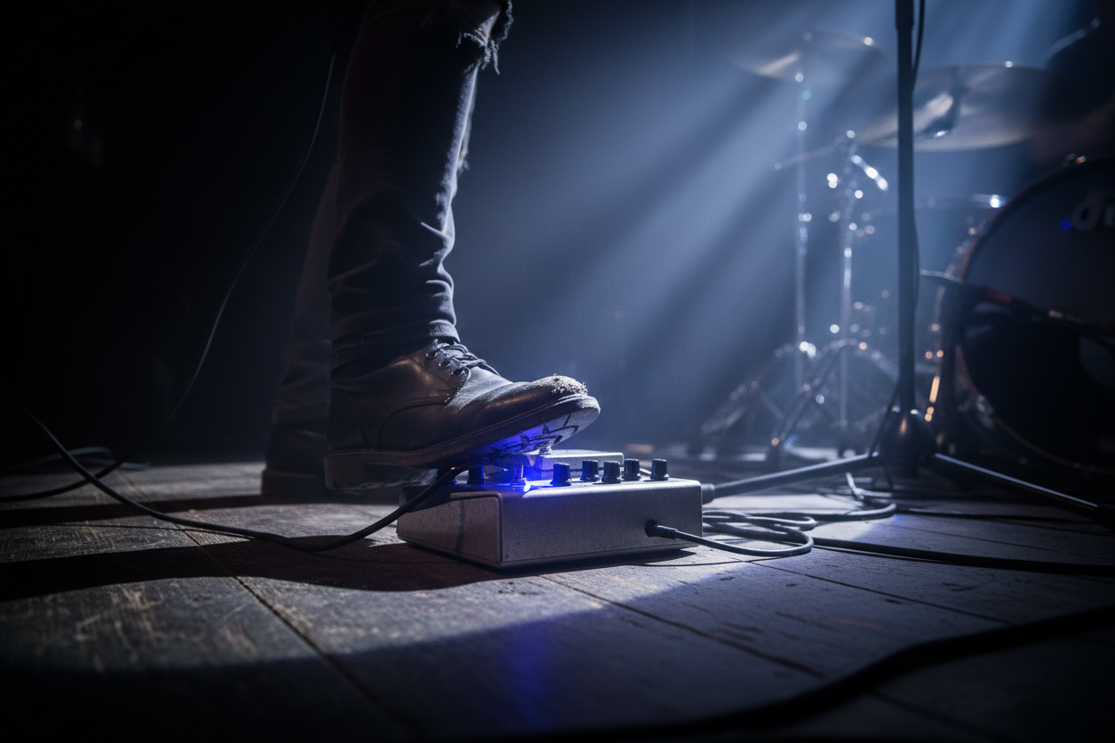 Person's foot pressing a guitar pedal on a stage with musical equipment in the background