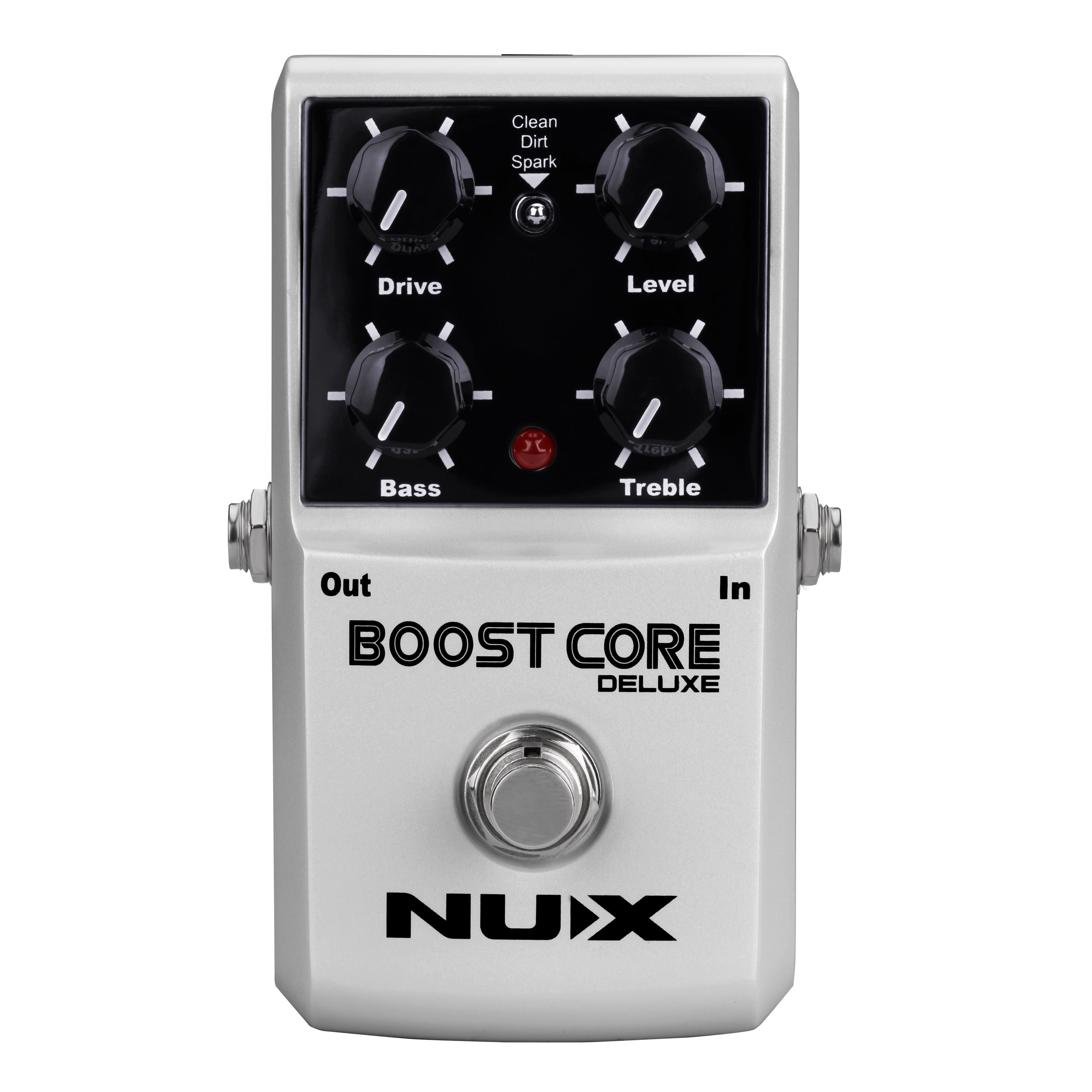 NUX Boost Core Deluxe silver boost pedal top control panel view