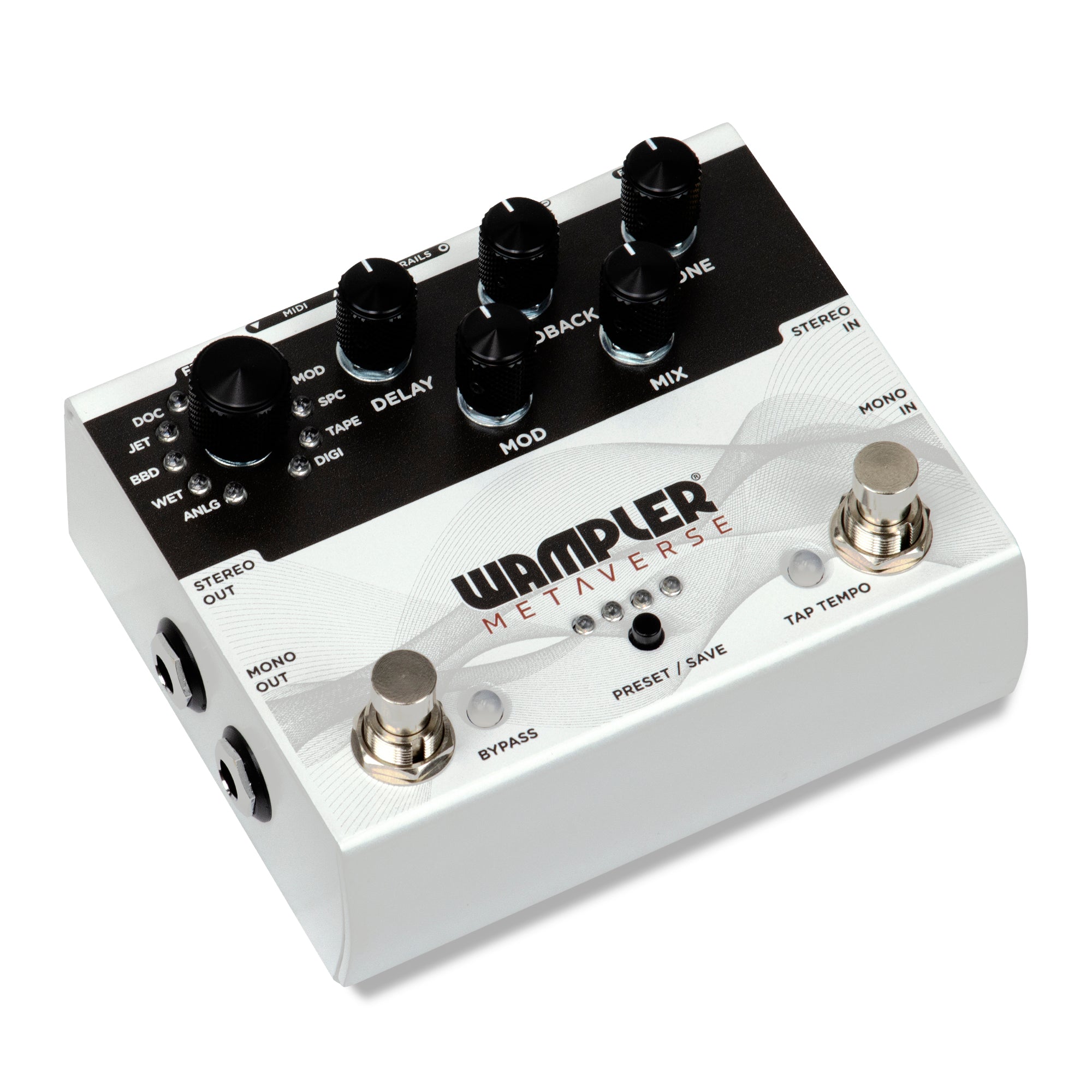 Wampler Metaverse pedal - back panel showing MIDI and expression inputs