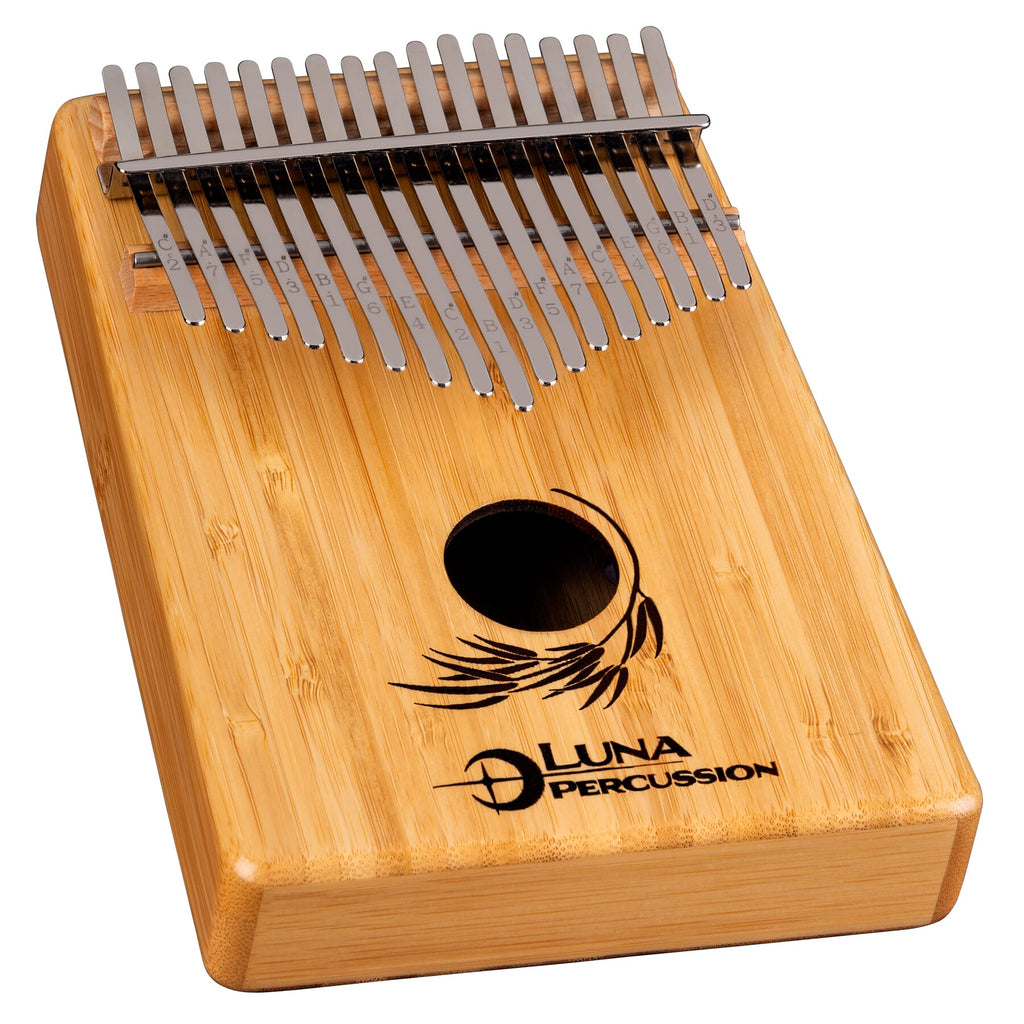 Luna 17-key bamboo kalimba thumb piano — angled view with laser-etched leaf sound hole