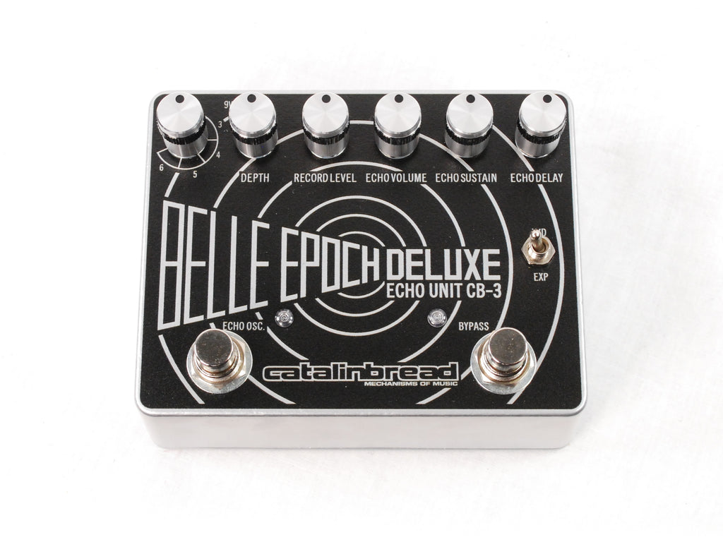 Catalinbread Belle Epoch Deluxe delay pedal - black and silver top view