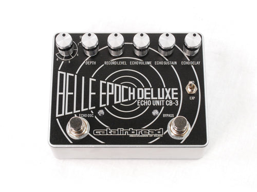 Catalinbread Belle Epoch Deluxe delay pedal - black and silver top view