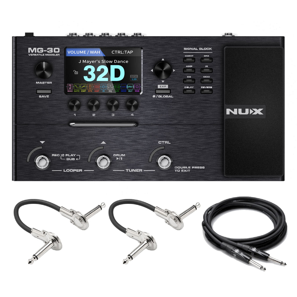 NUX MG-30 Versatile Modeler processor — black unit with included patch and guitar cables