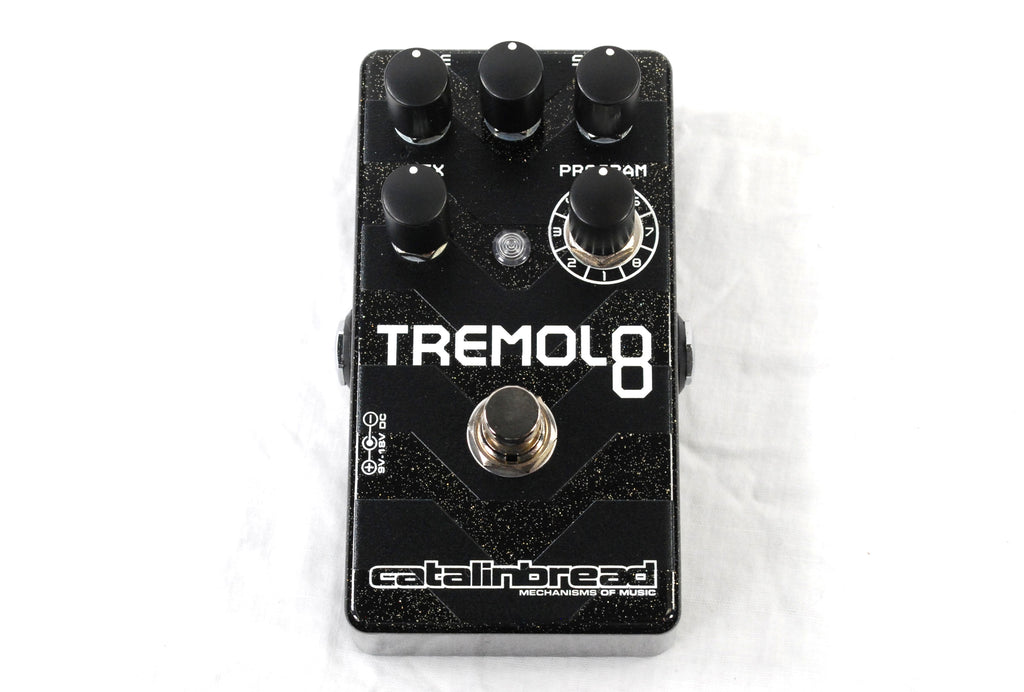 Catalinbread Tremolo8 pedal — angled view showing knobs and Program selector
