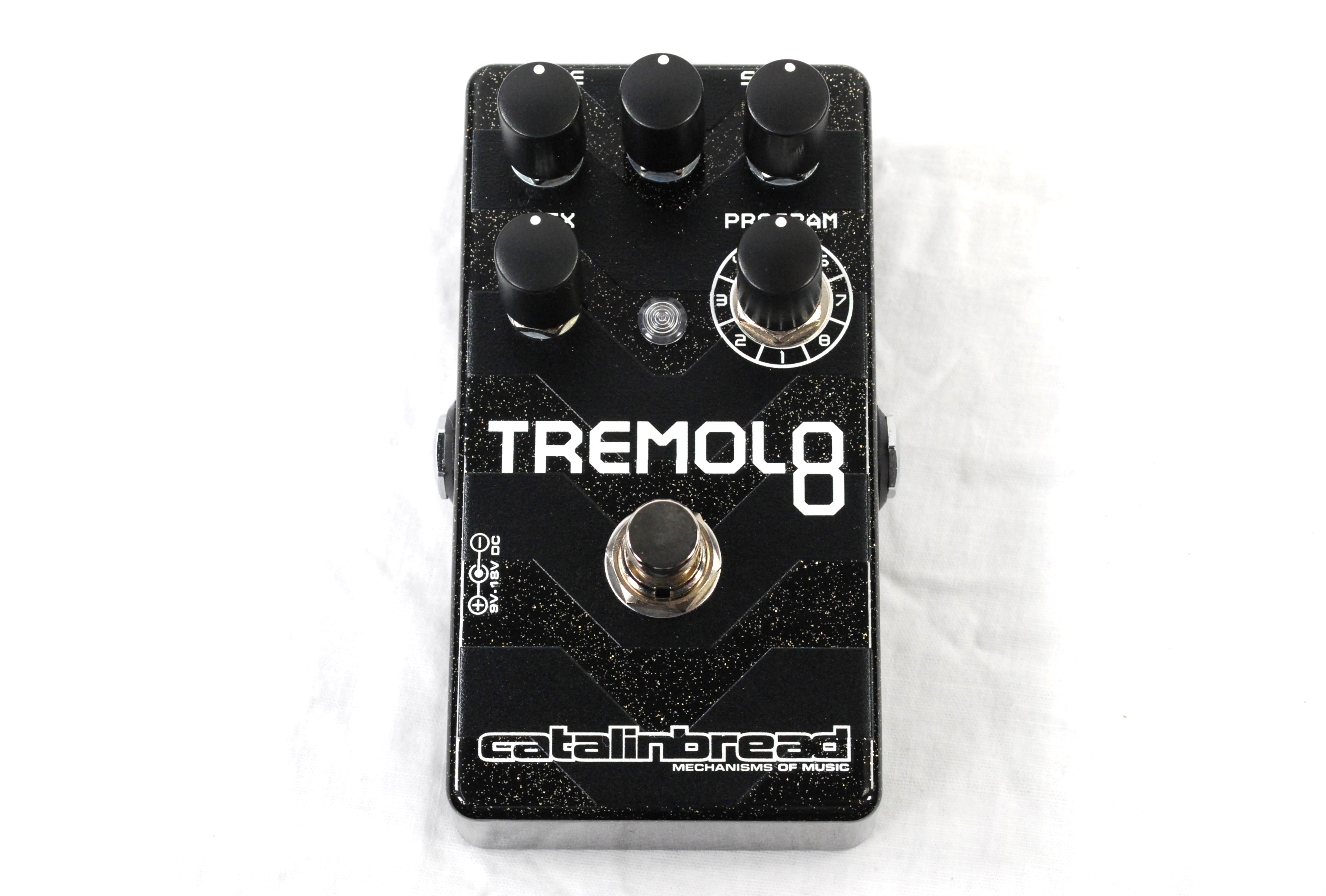 Catalinbread Tremolo8 pedal — angled view showing knobs and Program selector
