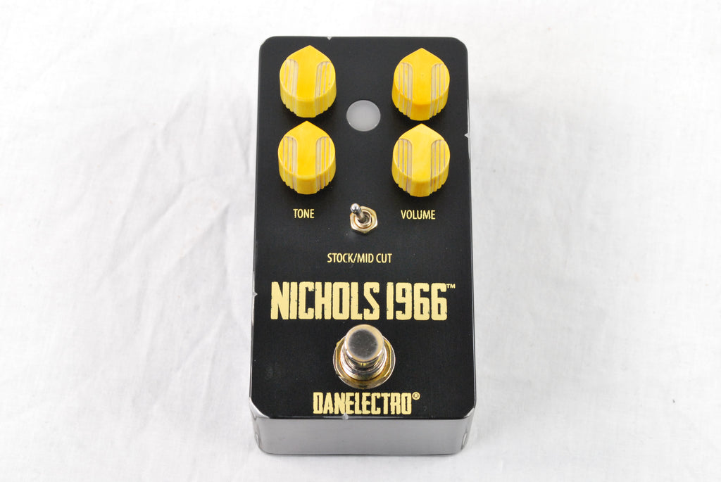 Danelectro N-66 Nichols 1966 fuzz pedal — black, yellow knobs, top view