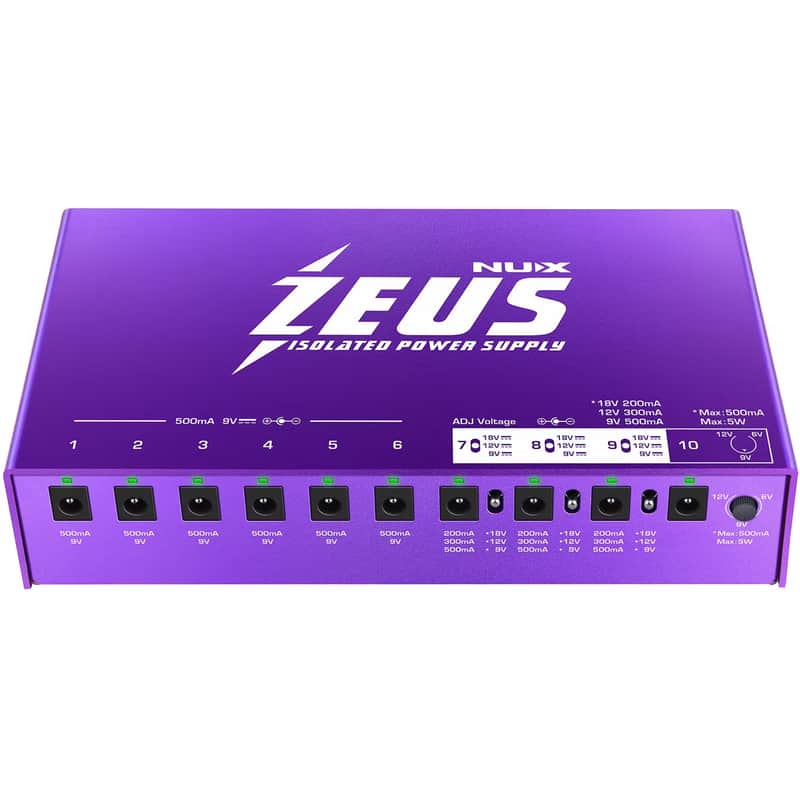 Used NUX Zeus purple isolated guitar pedal power supply, front view