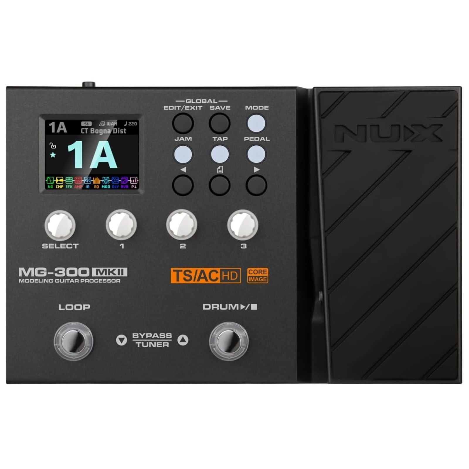 Used NUX MG-300 MKII guitar processor — display and knobs detail