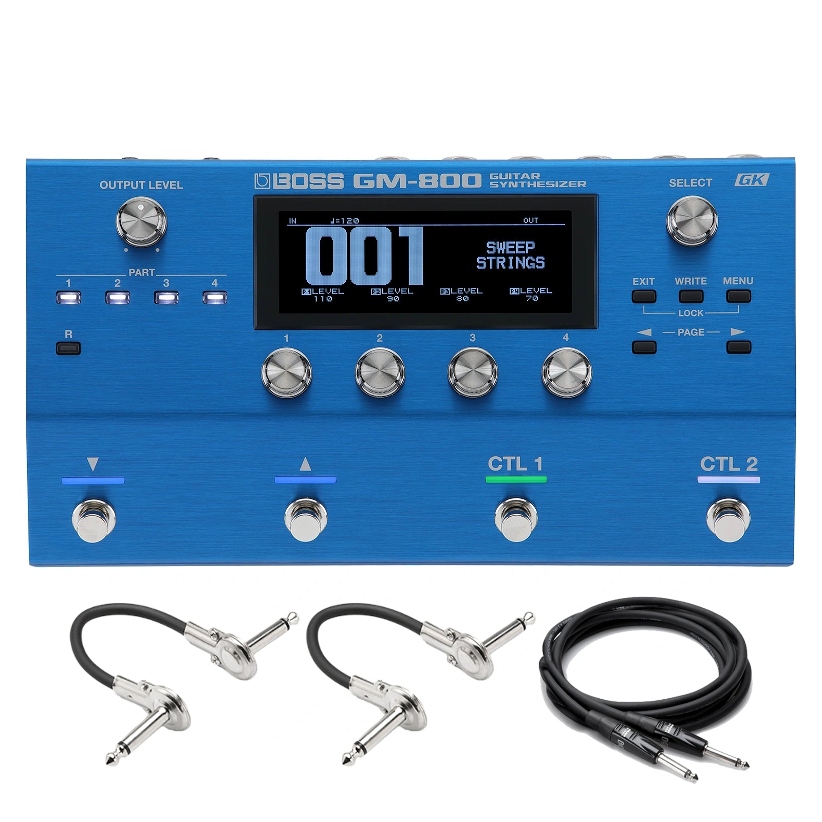 Boss GM-800 guitar synthesizer pedal — blue unit with included patch and guitar cables