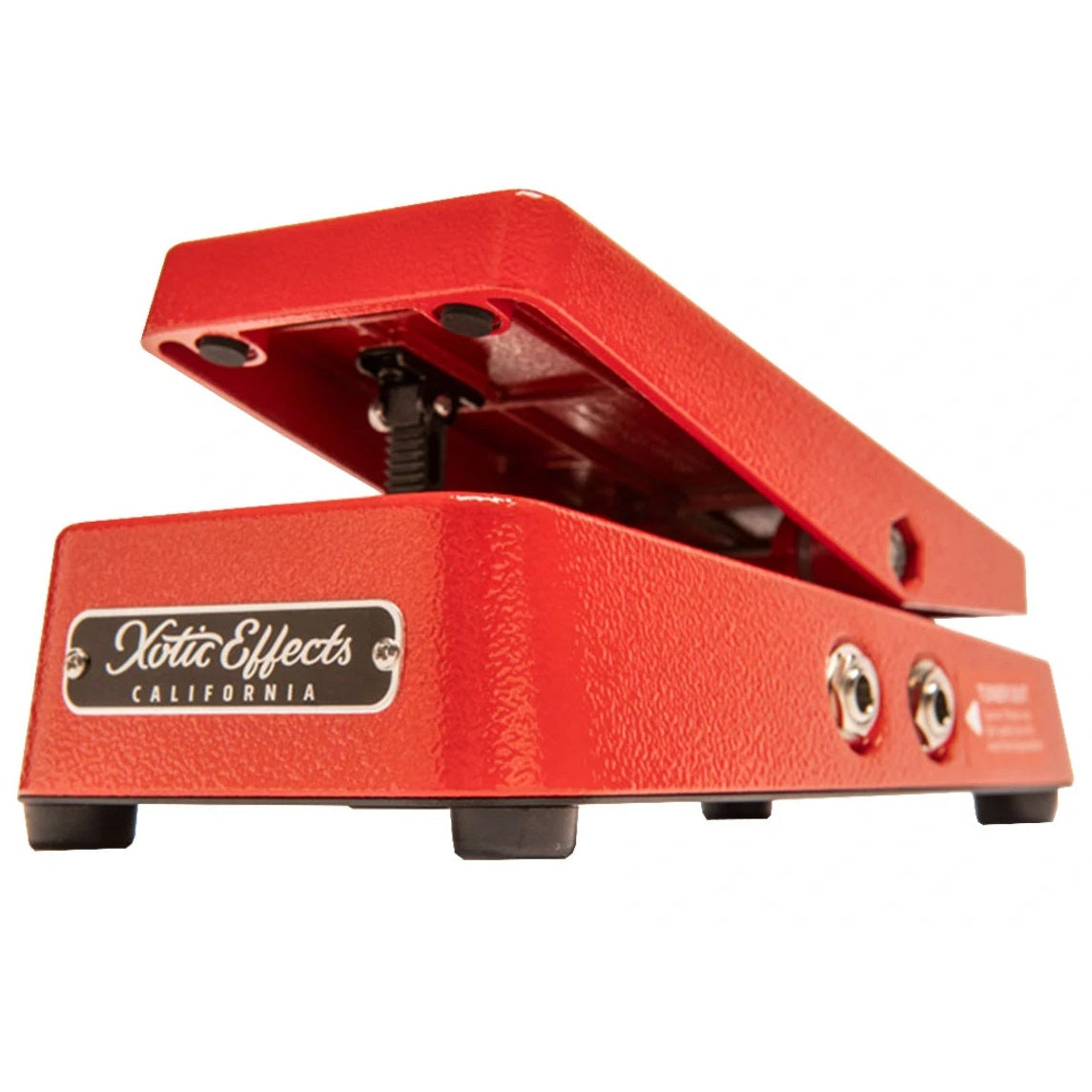 Xotic XVP-25K volume pedal - side view showing input output and tuner jacks