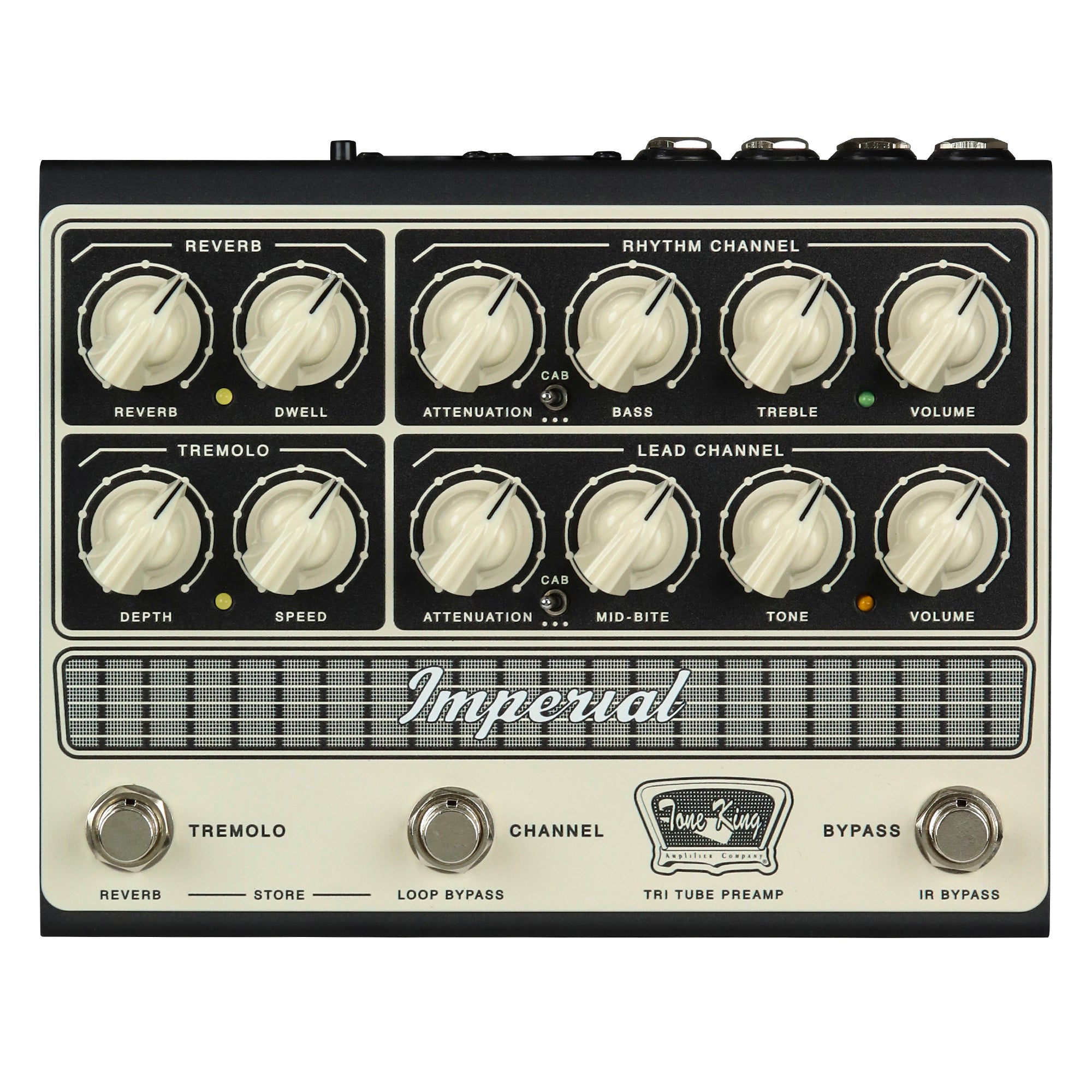 Tone King Imperial tri-tube preamp pedal — black and cream top panel