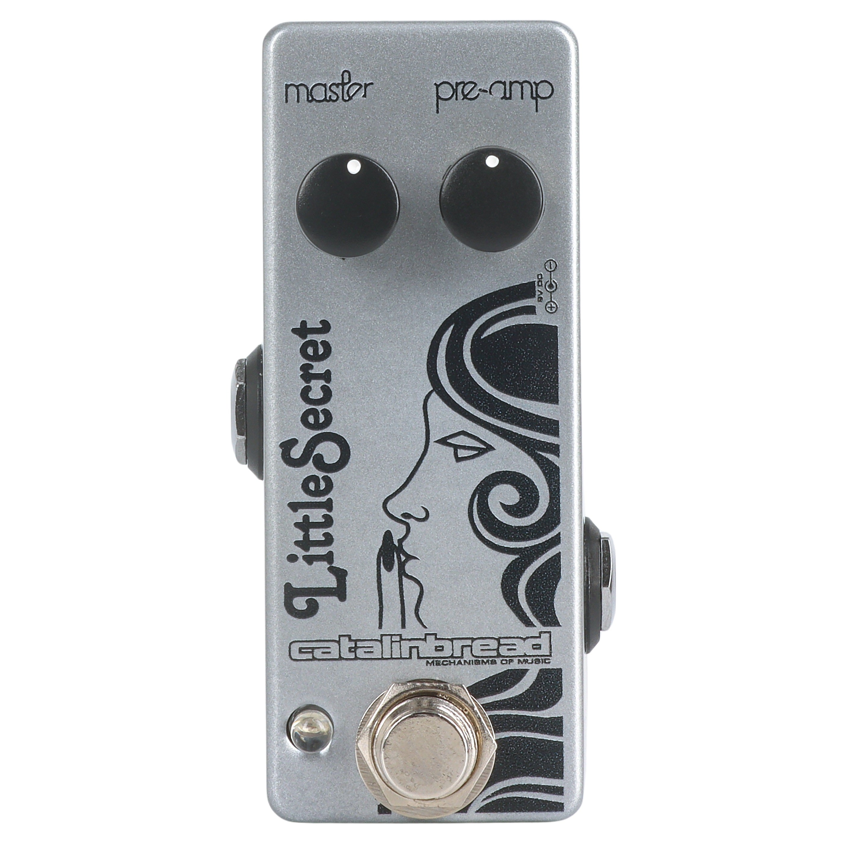 Catalinbread Little Secret Mini preamp pedal — front view, silver enclosure with master and pre-amp knobs