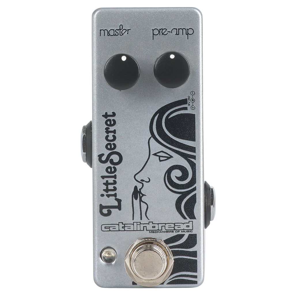 Catalinbread Little Secret Mini preamp pedal — angled front view of silver enclosure