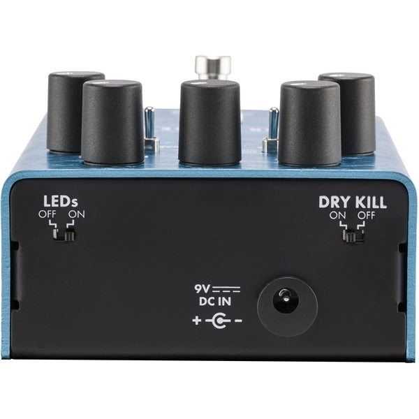 Used Fender Mirror Image Delay pedal — angled view of blue enclosure