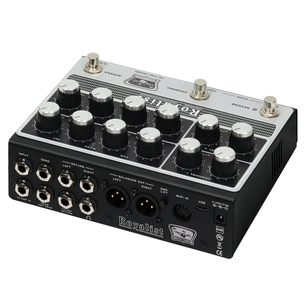 Tone King Royalist tri-tube British preamp pedal — channel voicing switches close-up