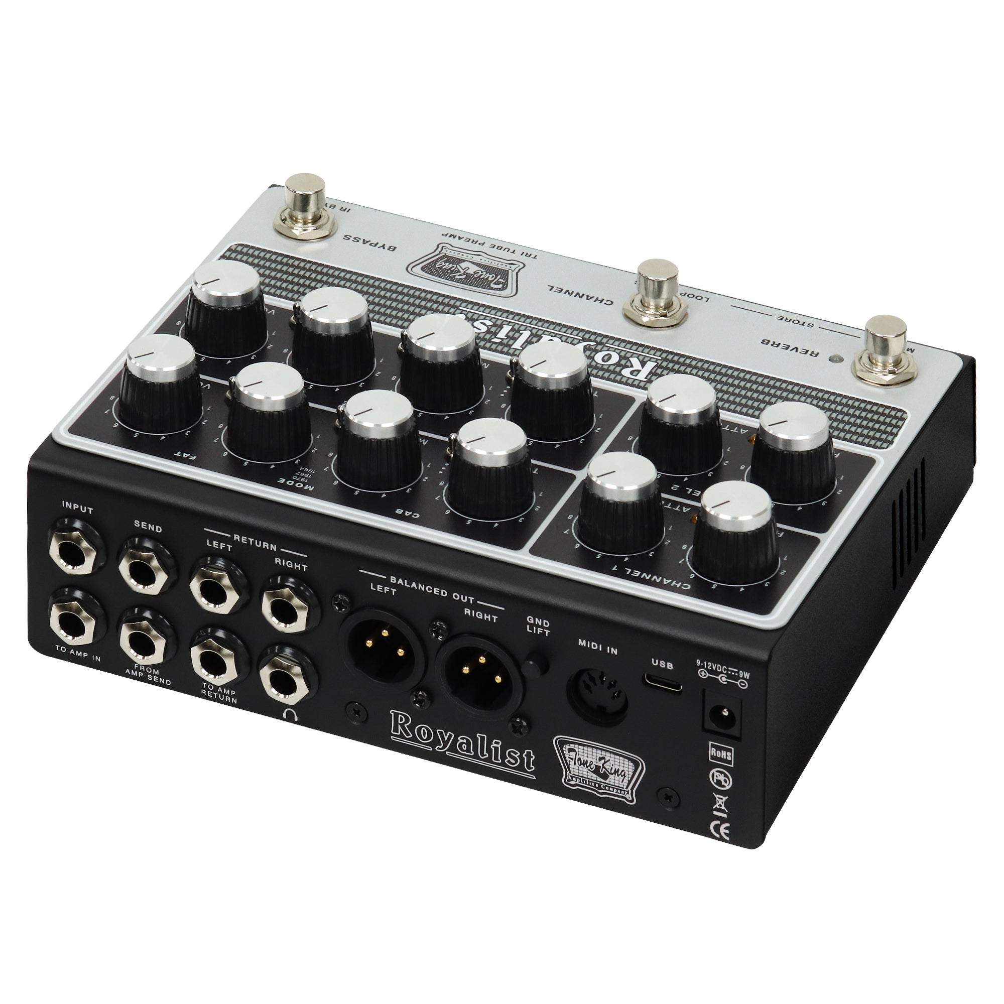 Tone King Royalist tri-tube British preamp pedal — channel voicing switches close-up