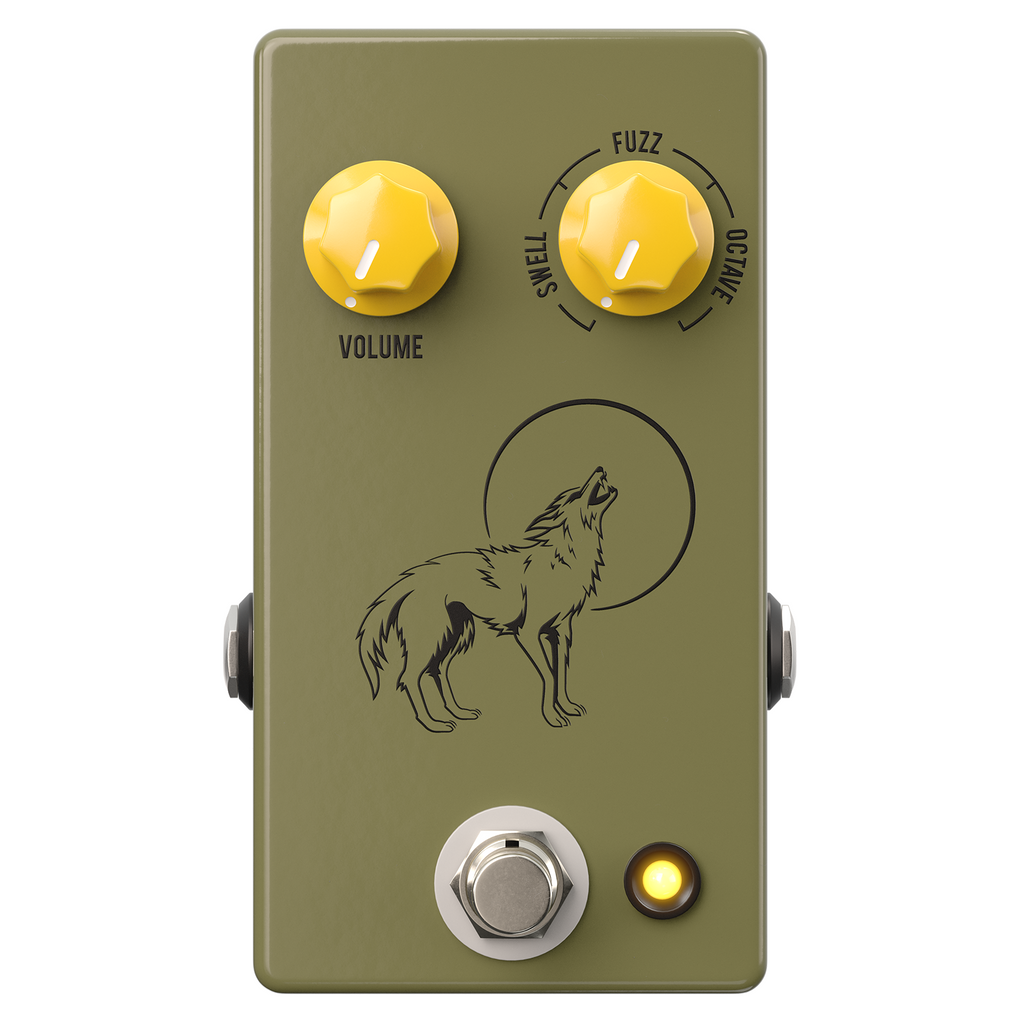 JHS Coyote octave fuzz pedal — olive green enclosure, control knob detail
