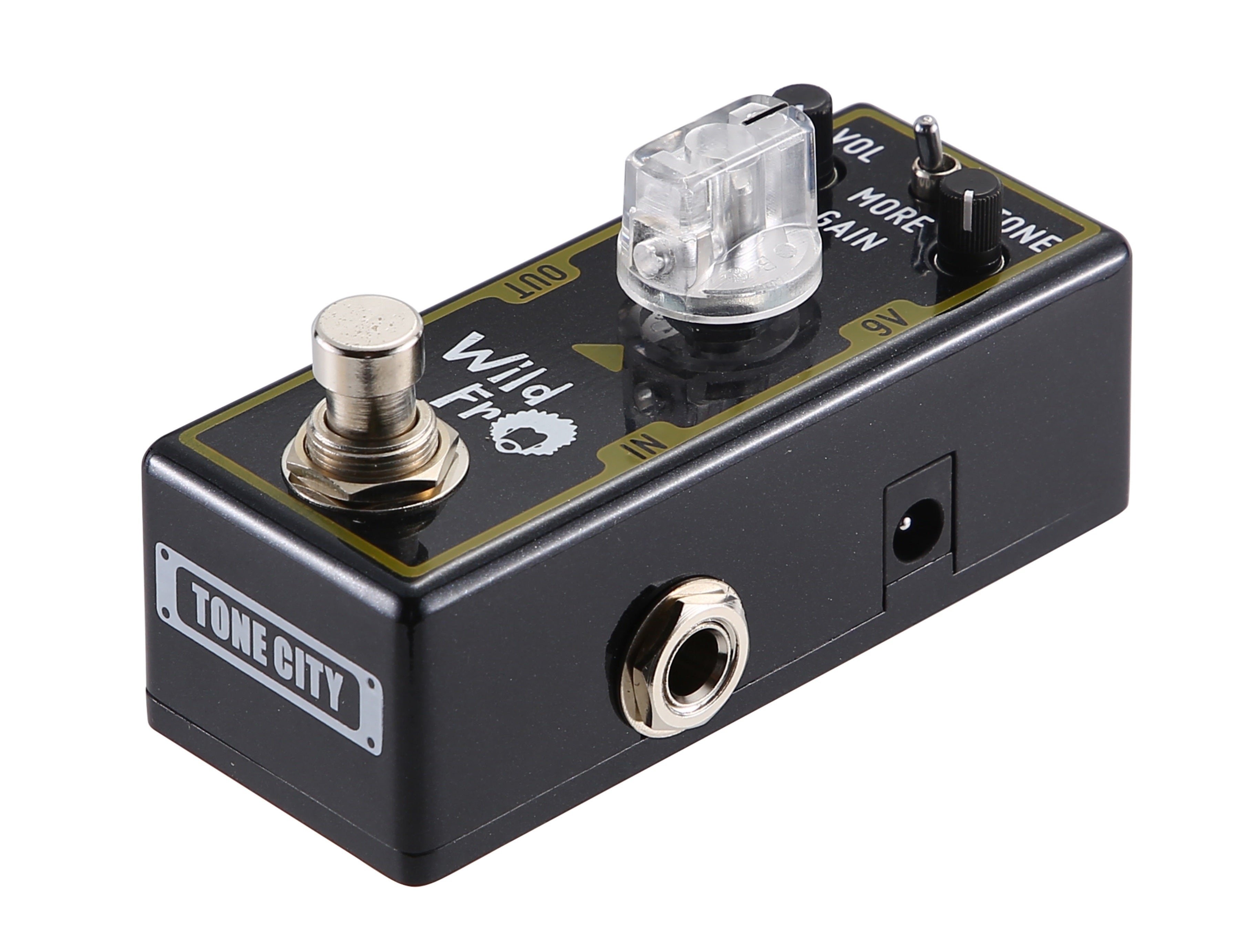 Tone City Wild Fro distortion mini pedal — side jack view