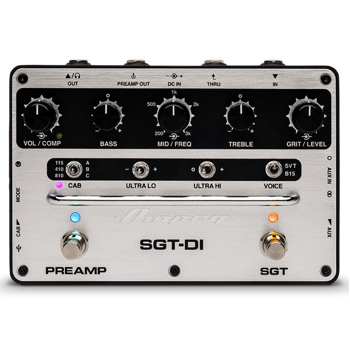 Ampeg SGT-DI bass preamp DI pedal — silver & black, top