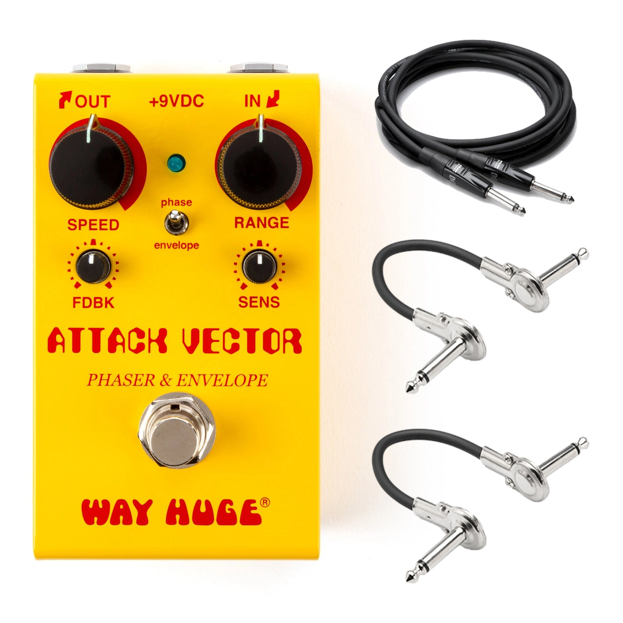 Way Huge WM92 Attack Vector Phaser & Envelope Smalls pedal — yellow enclosure with included cables