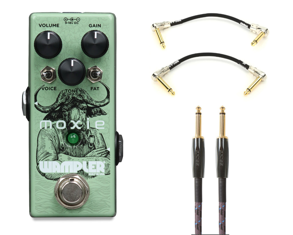 Wampler Moxie overdrive pedal green enclosure with included instrument and patch cables