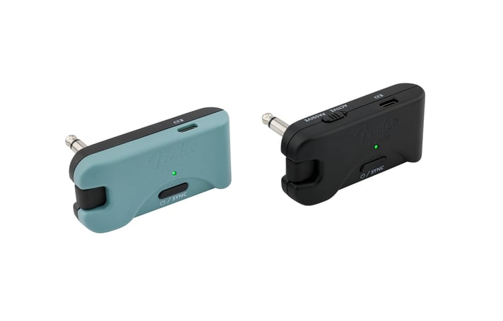 Fender Telepath wireless units top view showing USB-C charging port and active/passive switch