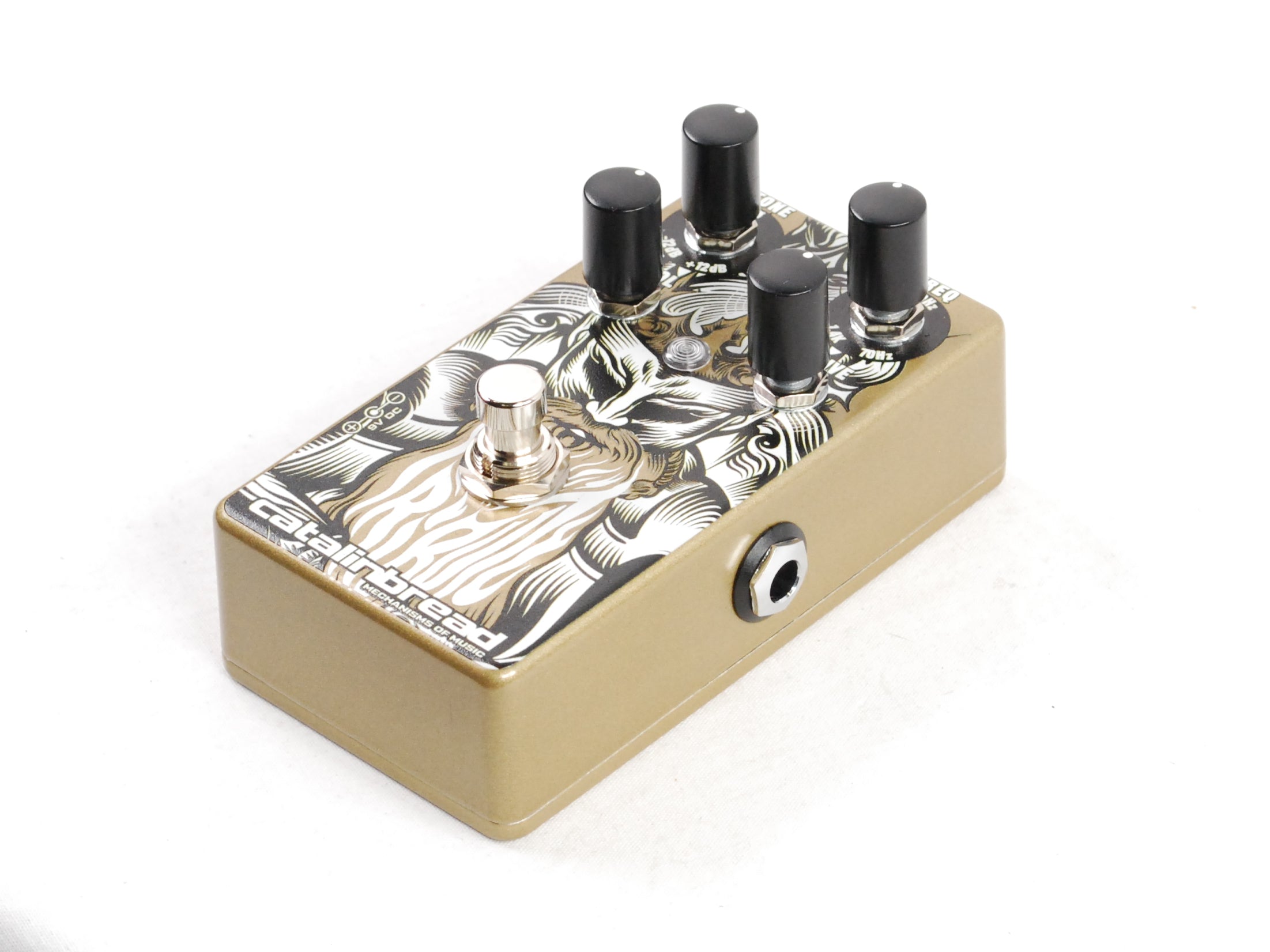 Catalinbread Tribute pedal — footswitch and gold artwork enclosure detail