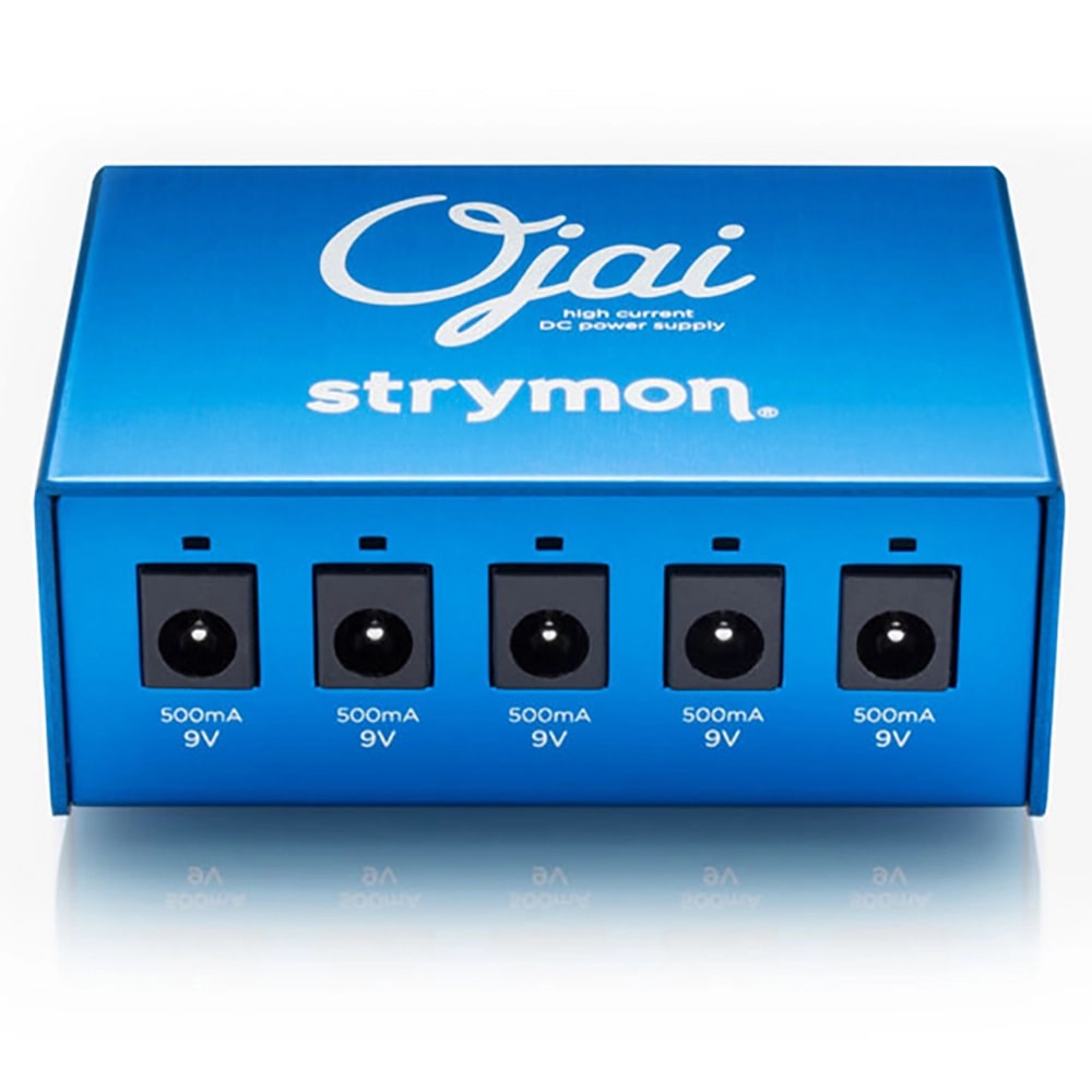 Strymon Ojai 5-output pedal power supply — angled view of blue chassis and jacks