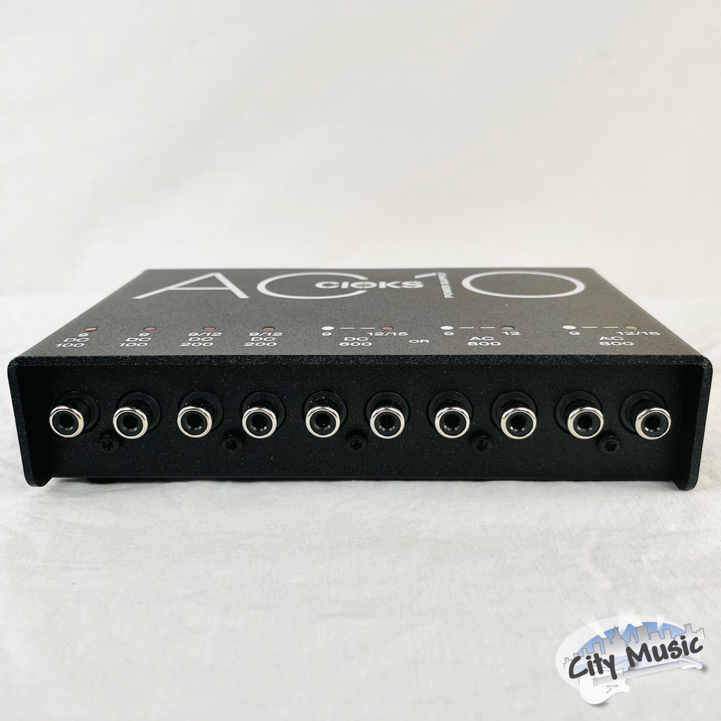 CIOKS AC10 power supply — close-up of DC and AC outputs with metering LEDs
