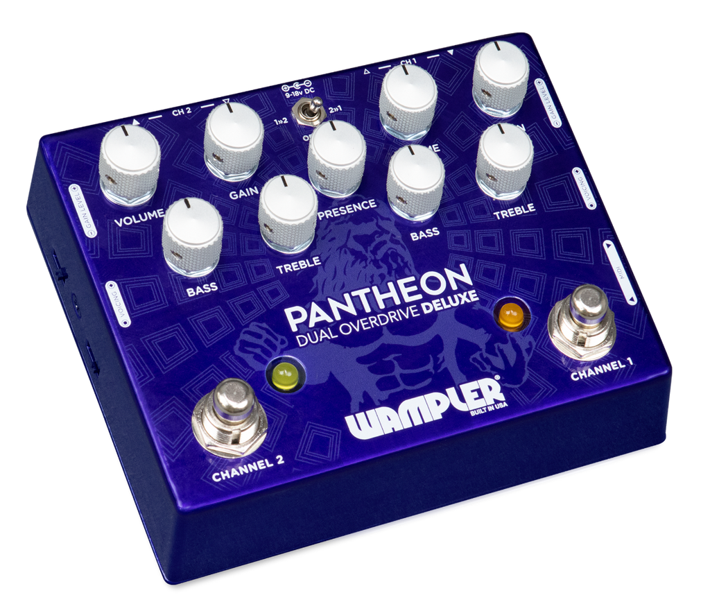 Wampler Dual Pantheon Deluxe overdrive pedal — dual channel knobs detail