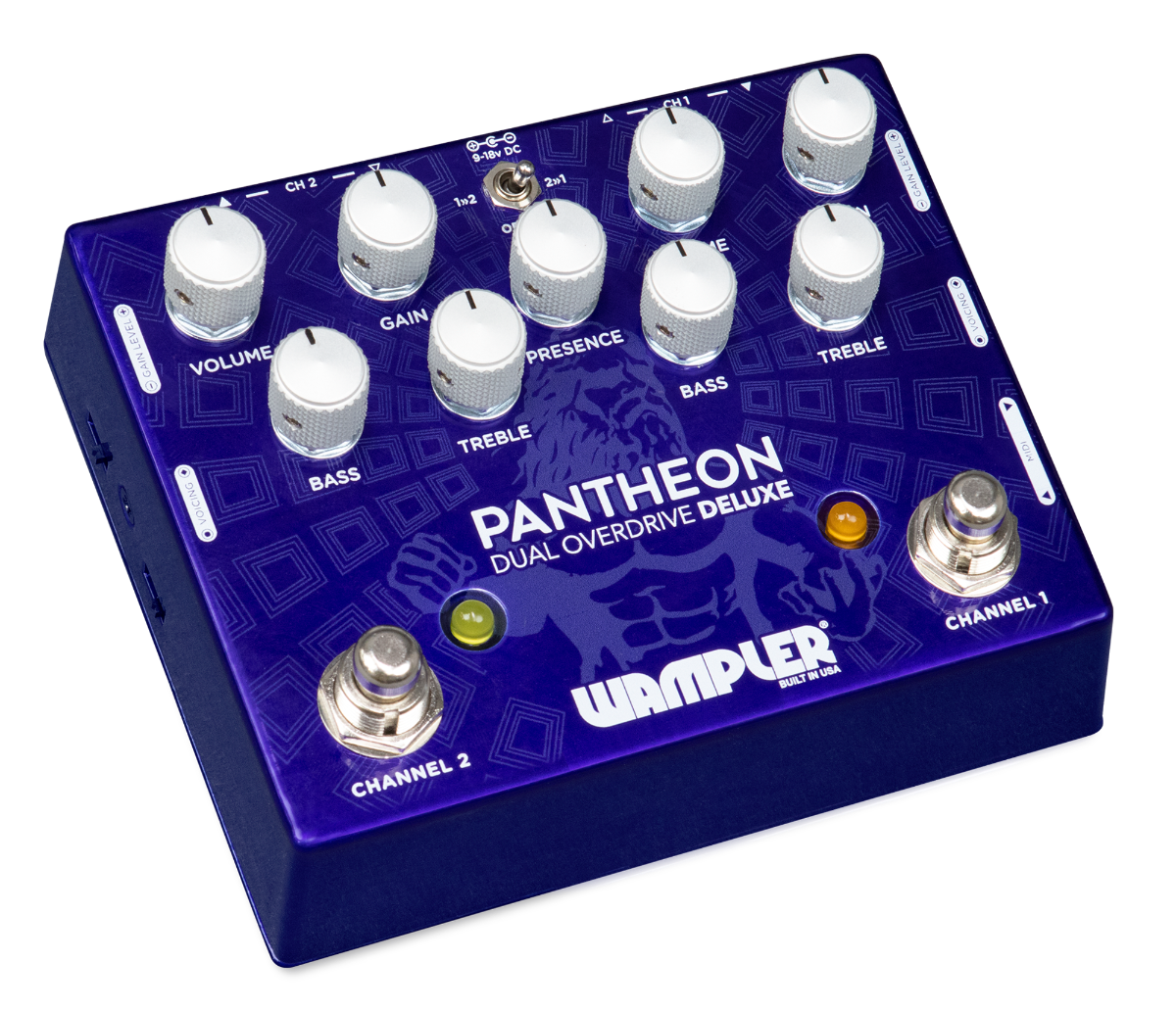 Wampler Dual Pantheon Deluxe overdrive pedal — dual channel knobs detail