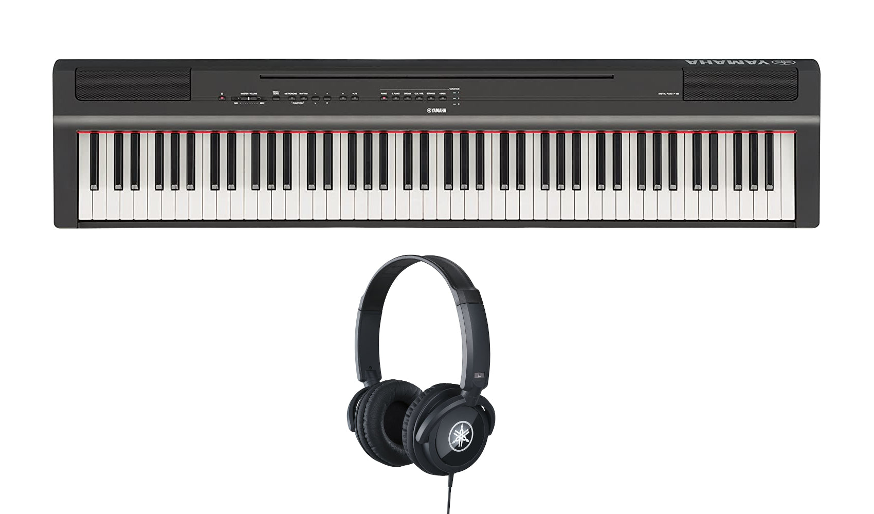 Yamaha P-125b digital piano — black, with HPH-100B headphones