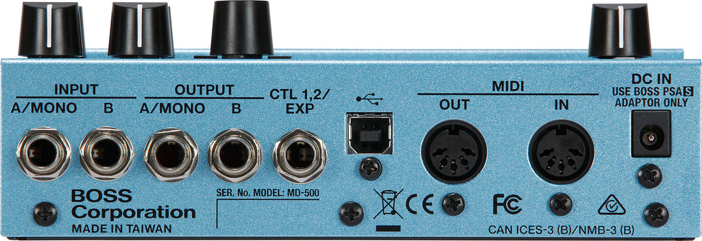 Boss MD-500 modulation pedal — detail view of footswitches