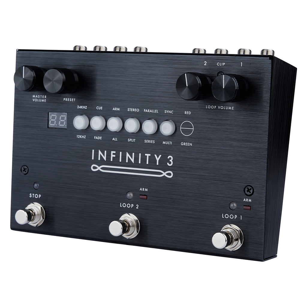 Pigtronix Infinity 3 looper pedal angled view of black enclosure