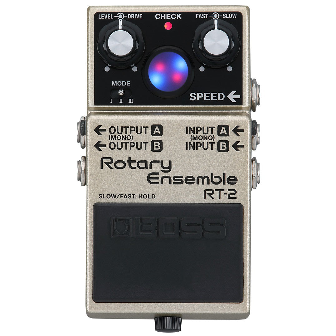 Boss RT-2 Rotary Ensemble pedal — top view with virtual rotor display and knobs