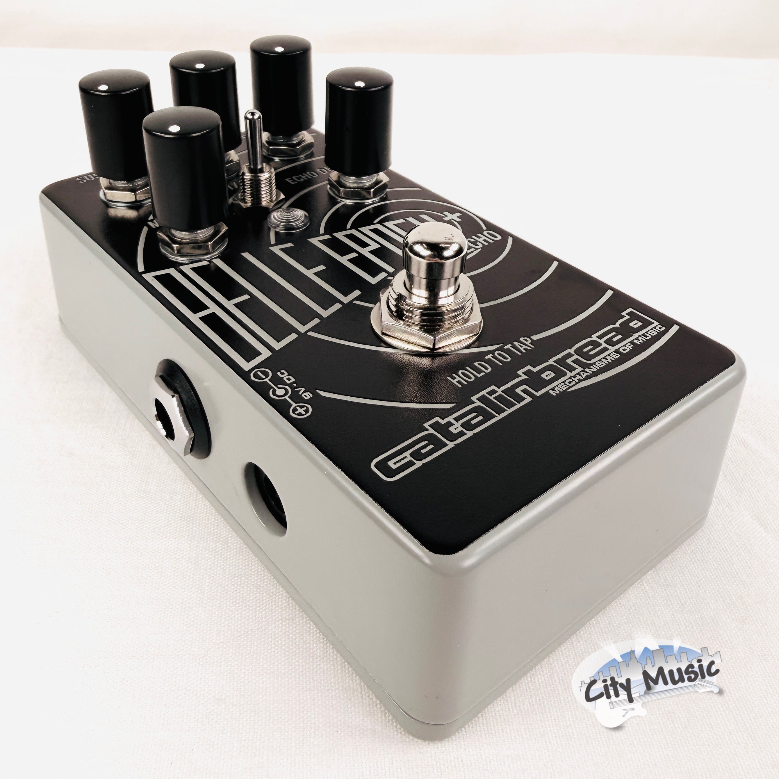 Used Catalinbread Belle Epoch+ tape echo delay — angled black and silver pedal
