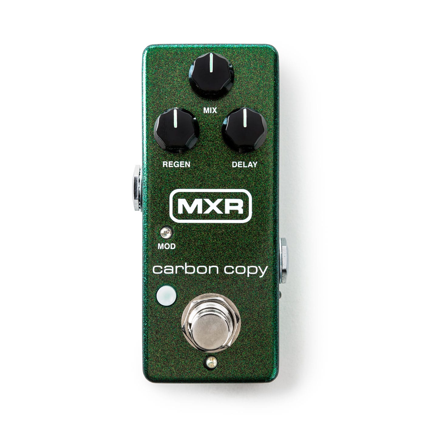 MXR M299 Carbon Copy Mini analog delay pedal — green sparkle enclosure, top view