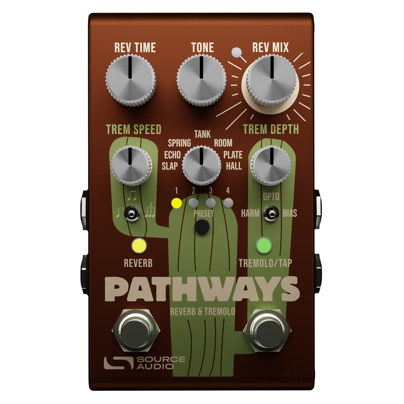 Source Audio Pathways reverb tremolo pedal — angled view