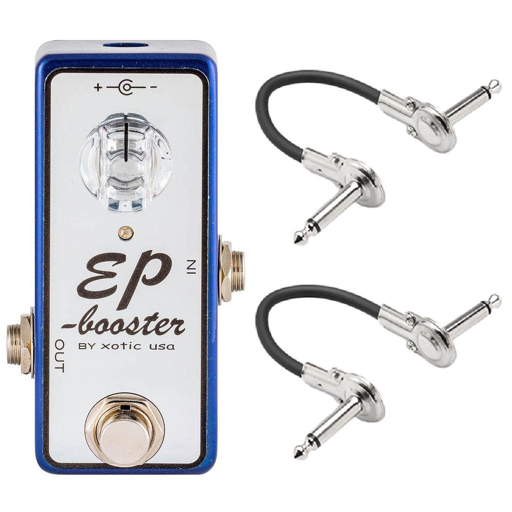 Xotic EP Booster Limited Edition Blue boost pedal — blue and silver enclosure with Hosa patch cables