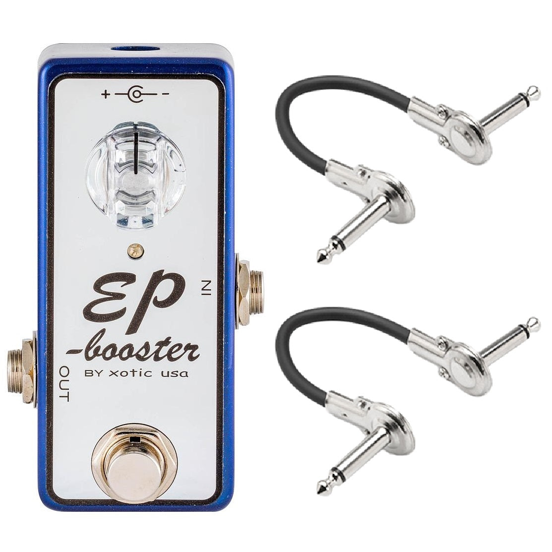 Xotic EP Booster Limited Edition Blue boost pedal — blue and silver enclosure with Hosa patch cables